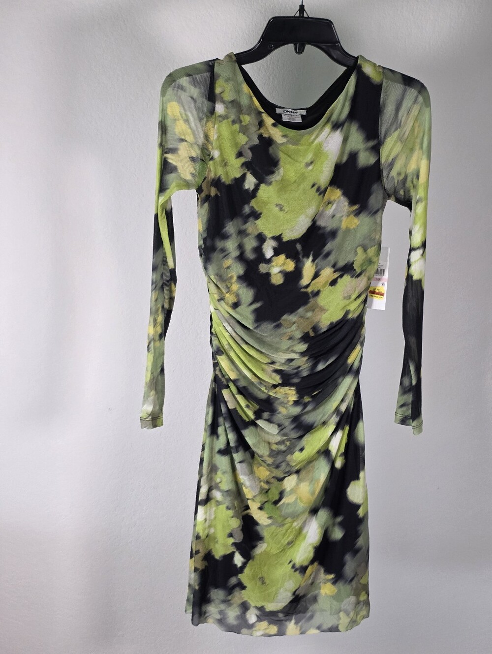 DKNY NWT Size 10P Green Floral Ruched Long Sleeve Mesh Midi Dress $129 - Picture 3 of 10